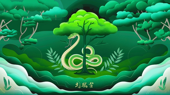 Ilustrasi Shio Ular dengan elemen Kayu melambangkan pertumbuhan, kreativitas, dan harmoni.