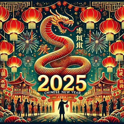 Ilustrasi Tahun Baru Imlek 2025 dengan tema Tahun Ular Kayu, dekorasi merah dan emas, lentera Tionghoa, serta suasana perayaan meriah