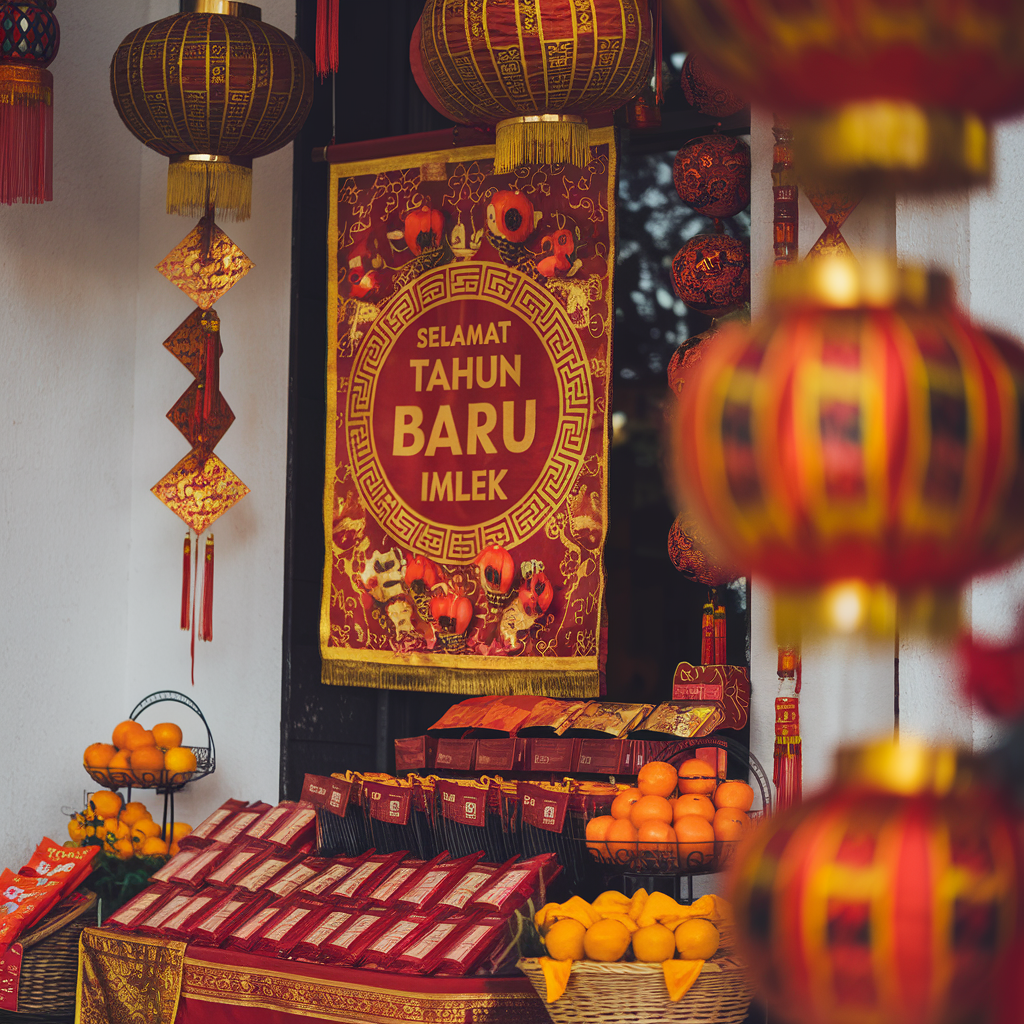 Dekorasi tradisional untuk festival Imlek 2025, menampilkan lampion merah, kertas merah bertuliskan simbol keberuntungan, dan ornamen khas Imlek. Suasana penuh kegembiraan menyambut Tahun Kelinci dengan elemen-elemen yang membawa harapan dan kebahagiaan.