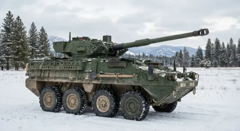 Kendaraan tempur infanteri M1128 Stryker militer AS bersiap menyergap di Antartika.