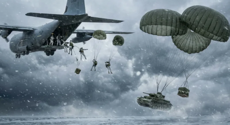 Pasukan lintas udara militer AS dan kargo alat berat diterjunkan menggunakan parasut di Antartika.