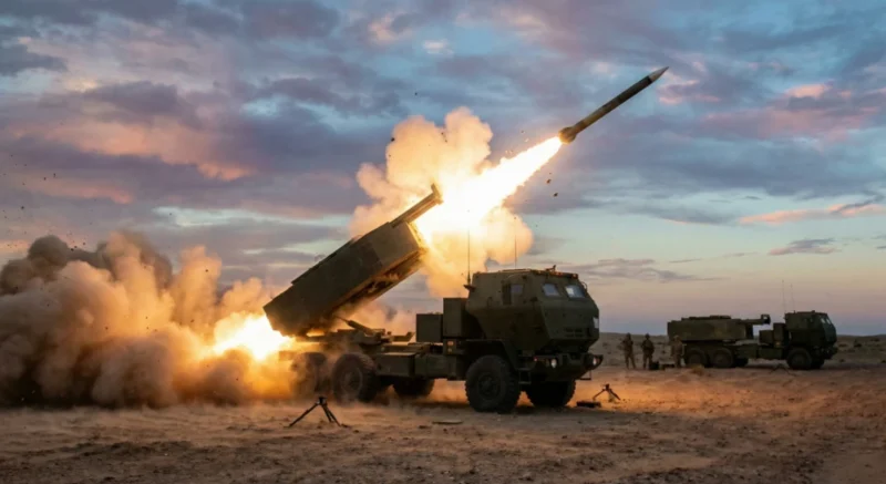 Sistem peluncur roket artileri M142 HIMARS milik militer Amerika Serikat.