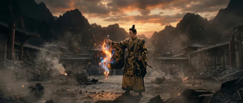 Dave dalam novel Perintah Kaisar Naga bertempur menggunakan pedang naga di istana yang hancur.