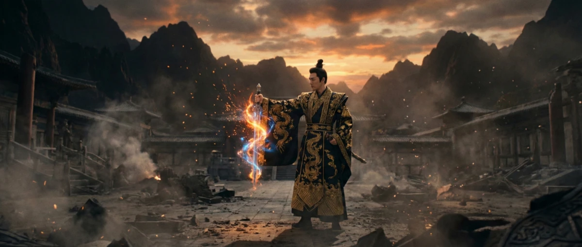 Dave dalam novel Perintah Kaisar Naga bertempur menggunakan pedang naga di istana yang hancur.